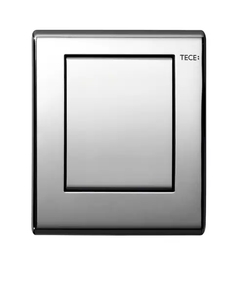 TECE-Betätigungsplatte für Urinale in glänzendem Chrom mit einer einfachen quadratischen Oberfläche. Minimalistisches Design ohne sichtbare Bedienelemente.